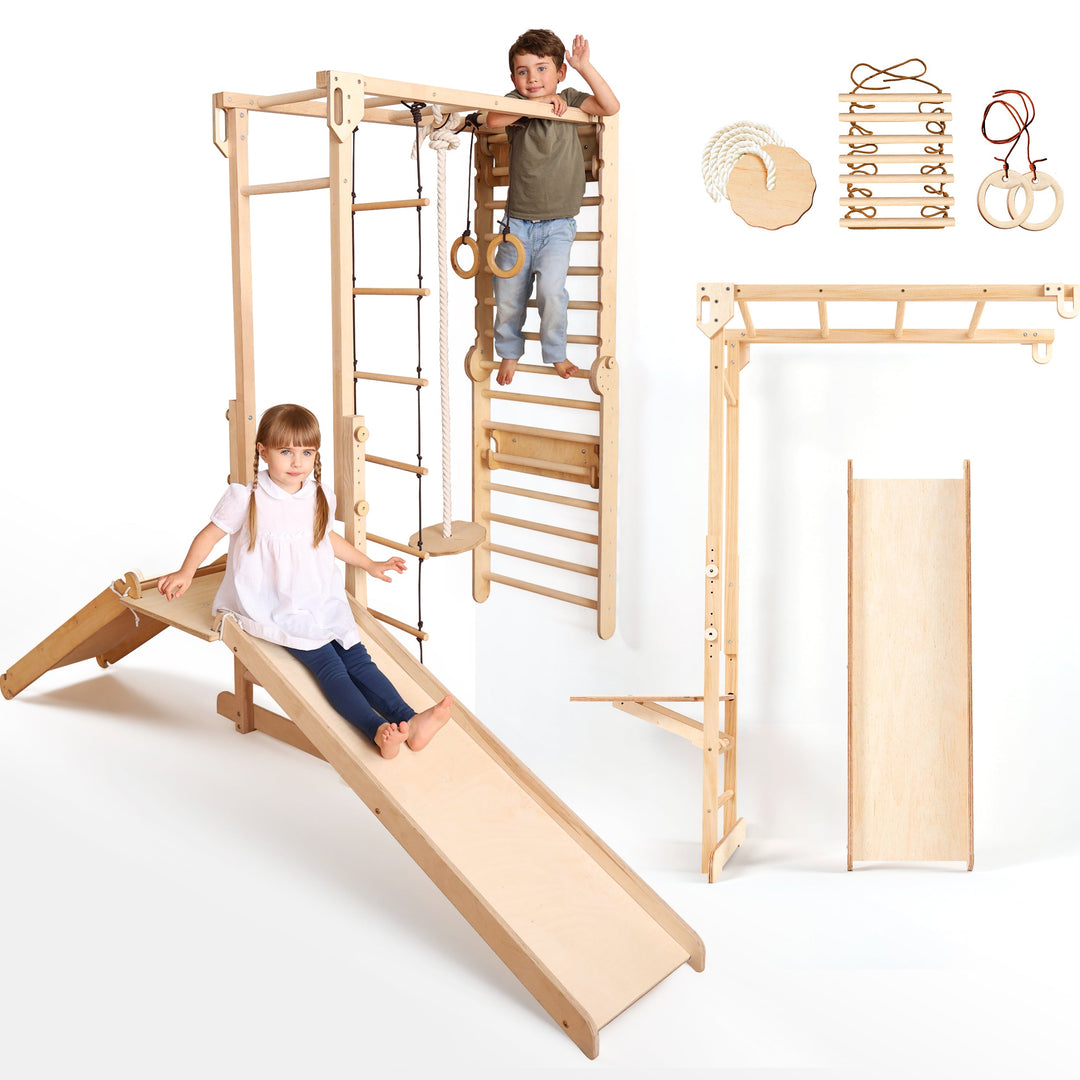 Σετ παιχνιδιού ζούγκλας Jungle Play Set 7 σε 1 για παιδιά: Σουηδικοί τοίχοι + γέφυρα αναρρίχησης + Σετ κούνιας + Σανίδα ολίσθησης + Ράμπα
