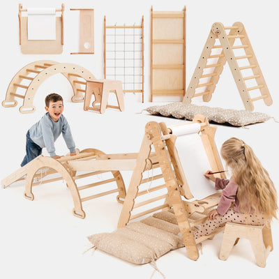Σετ αναρρίχησης Montessori 6 σε 1: Τριγωνική σκάλα + Αψίδα/Κουνιστή καρέκλα + Σανίδα ολίσθησης/ Ράμπα + Δίχτυ + Μαξιλάρι + Προσθήκη τέχνης