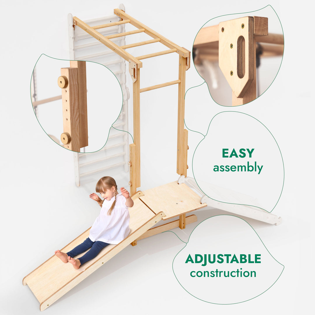 Σετ παιχνιδιού ζούγκλας Jungle Play Set 7 σε 1 για παιδιά: Σουηδικοί τοίχοι + γέφυρα αναρρίχησης + Σετ κούνιας + Σανίδα ολίσθησης + Ράμπα