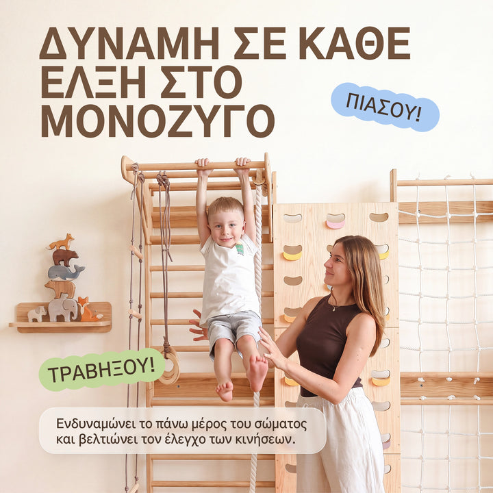 Παιδικό σετ αναρρίχησης 7 σε 1: σουηδική σκάλα, αναρριχητικές λαβές, δίχτυ, μονόζυγο και κούνια 3 σε 1