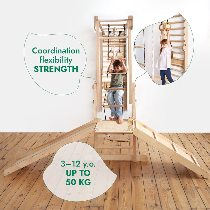 Σετ παιχνιδιού ζούγκλας Jungle Play Set 7 σε 1 για παιδιά: Σουηδικοί τοίχοι + γέφυρα αναρρίχησης + Σετ κούνιας + Σανίδα ολίσθησης + Ράμπα