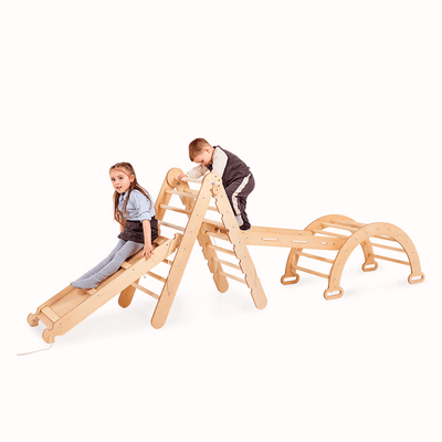 Σετ πλαισίων αναρρίχησης Montessori 4 σε 1: Τριγωνική σκάλα + Αψίδα/Κουνιστή καρέκλα + Σανίδα ολίσθησης/Ράμπα + Δίχτυ αναρρίχησης
