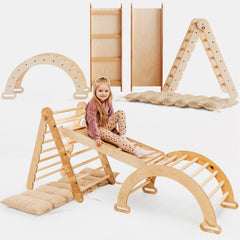Σετ αναρρίχησης 4 in1 Montessori: Τριγωνική σκάλα + Αψίδα αναρρίχησης + Σανίδα ολίσθησης + Μπεζ μαξιλάρι