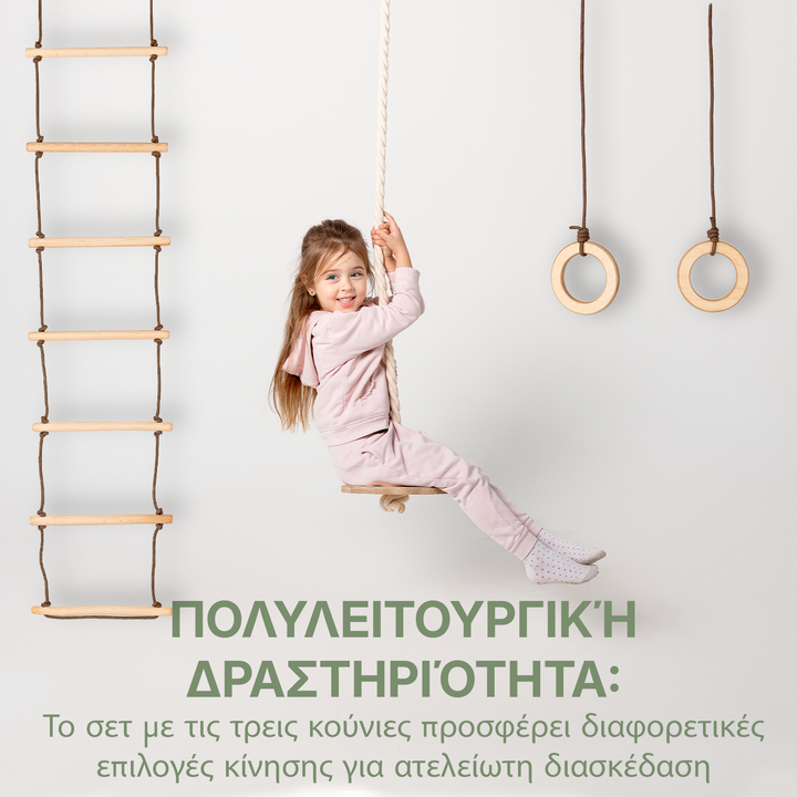 Σετ κούνιες 3 σε 1: Σκάλα με σχοινί + Δαχτυλίδια γυμναστικής + Κούνια με σχοινί σε σχήμα δίσκου