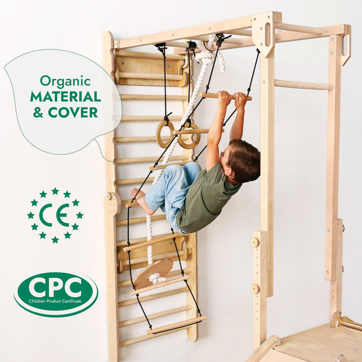 Σετ παιχνιδιού ζούγκλας Jungle Play Set 7 σε 1 για παιδιά: Σουηδικοί τοίχοι + γέφυρα αναρρίχησης + Σετ κούνιας + Σανίδα ολίσθησης + Ράμπα