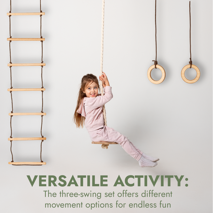 Σετ κούνιες 3 σε 1: Σκάλα με σχοινί + Δαχτυλίδια γυμναστικής + Κούνια με σχοινί σε σχήμα δίσκου