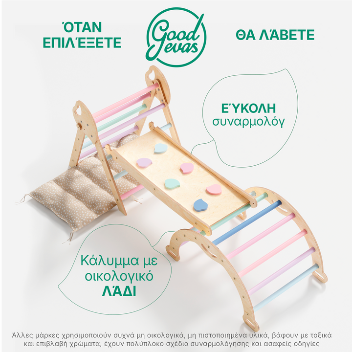 Σετ Αναρρίχησης Montessori 4-σε-1: Τρίγωνο Pikler, Τόξο, Πλακέτα Ολισθήσεως και Μαξιλάρι για Νήπια (1–3 Ετών) – Παστέλ