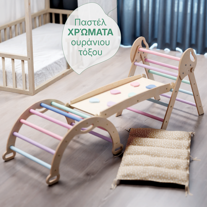 Σετ Αναρρίχησης Montessori 4-σε-1: Τρίγωνο Pikler, Τόξο, Πλακέτα Ολισθήσεως και Μαξιλάρι για Νήπια (1–3 Ετών) – Παστέλ