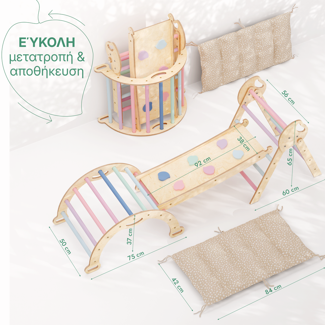 Σετ Αναρρίχησης Montessori 4-σε-1: Τρίγωνο Pikler, Τόξο, Πλακέτα Ολισθήσεως και Μαξιλάρι για Νήπια (1–3 Ετών) – Παστέλ