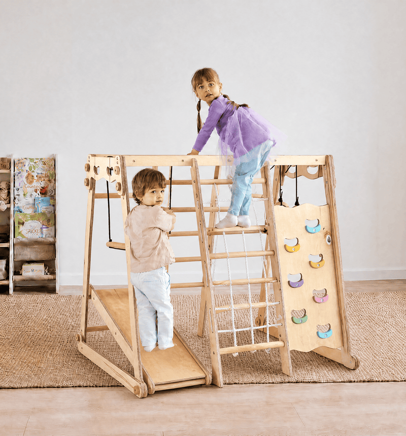 Γυμναστήριο εσωτερικού χώρου 6 σε 1 Jungle Gym για παιδιά: Παιδική χαρά + Σετ κούνιας + Σανίδα τσουλήθρας + Σχοινί + Σκαλιά