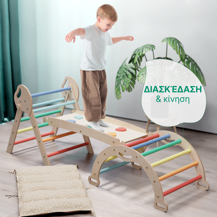 Σετ Αναρρίχησης Montessori 4-σε-1: Τρίγωνο Pikler, Τόξο, Πλακέτα Ολισθήσεως και Μαξιλάρι για Νήπια (1–3 Ετών) – Ουράνιο Τόξο